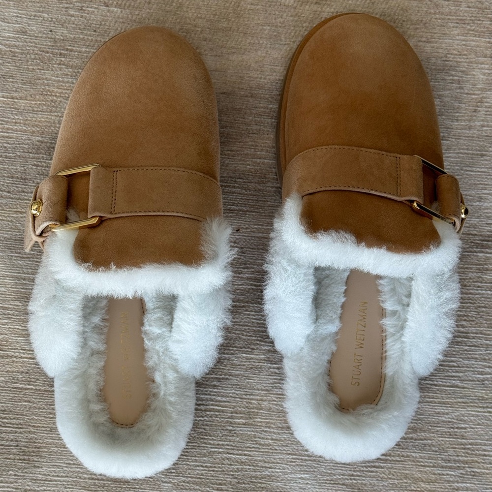 Stuart Weitzman Riley Moto Shearling lined suede Mules